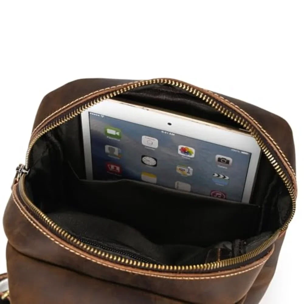 Genuine Leather Sling Bag Multi Pocket Crossbody Backpack Travel Sport